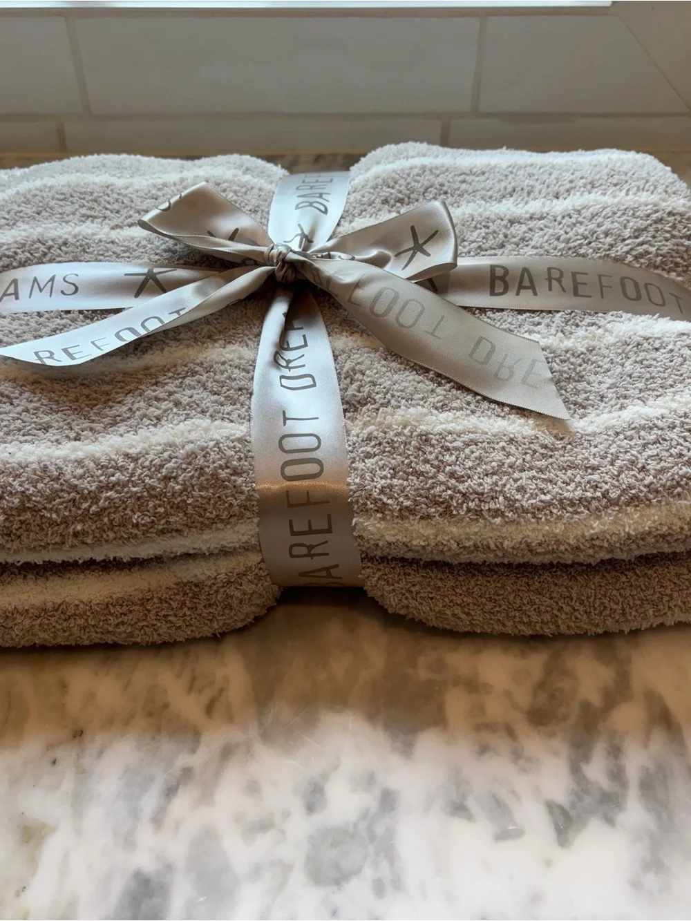 Barefoot Dreams CozyChic Plush Towel in Taupe & Cream